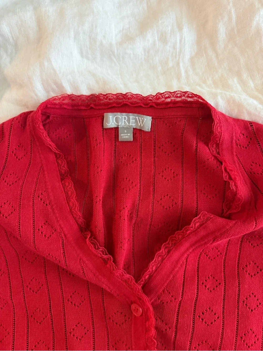 J Crew Pointelle Short Sleeve V Neck Cotton Cardigan with Lace Trim